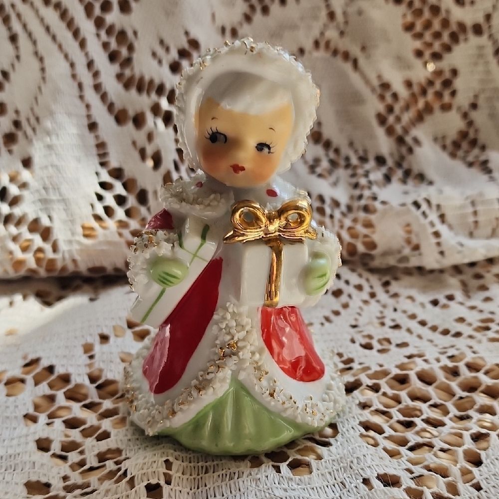 Vintage Lefton Christmas Angel Bearing Gifts Bell With Porcelain Clapper